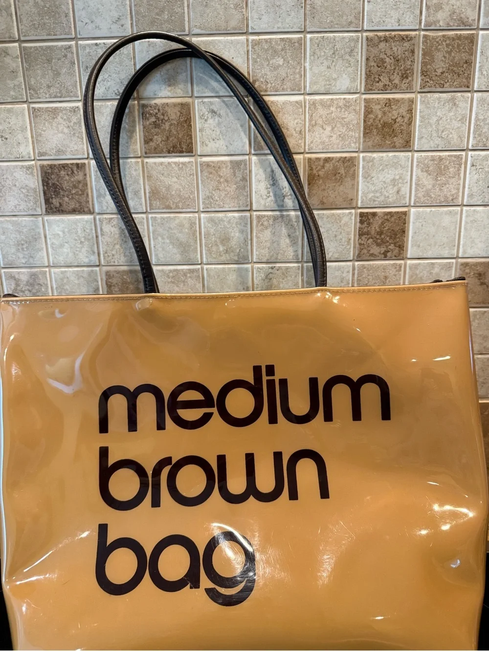 Bloomingdales Medium Brown Bag Tote PVC Reusable Shopping Bag Glossy Zip Top